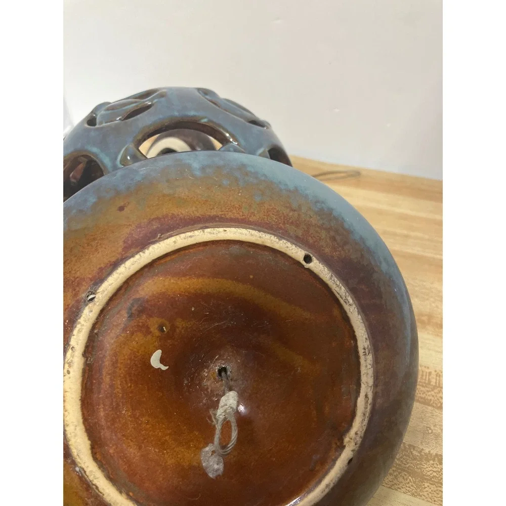 Bird Feeder Blue Glazed Ceramic W/bird Cutout‎ Design W/hanger